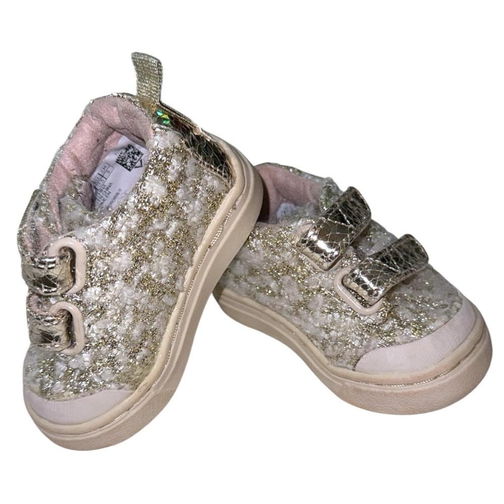 TOMS Girls Gold Tweed Glitter Velcro Sneakers Size T2 Toddler Sparkle Shoes - Picture 2 of 11